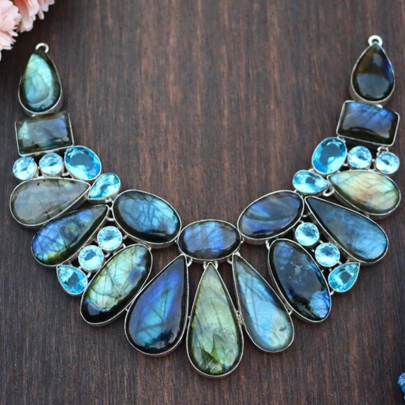 Labradorite and Blue Topaz Statement Necklace - Picture 2 of 2
